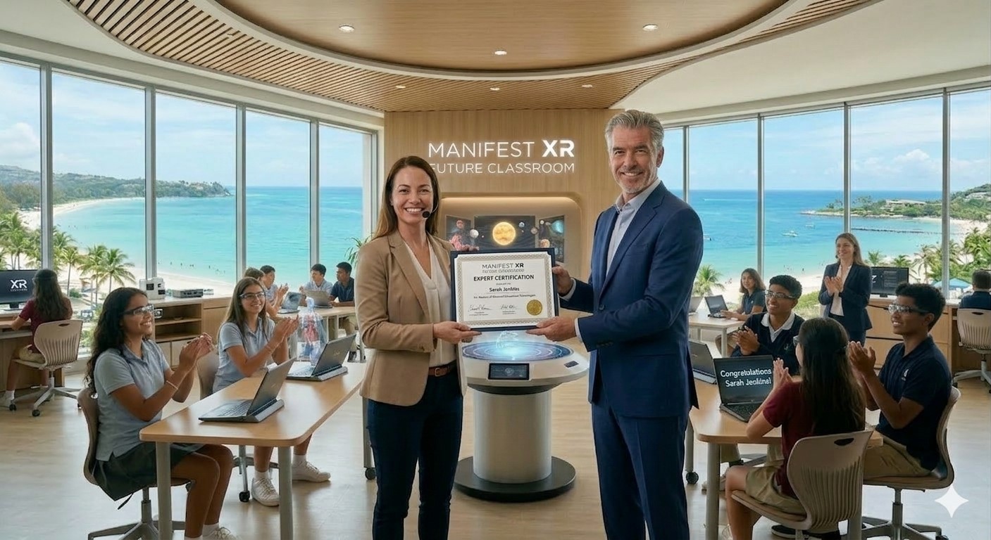 Teachers training on immersive classroom technology in a school environment